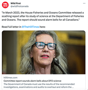 Tweet with text and photo of Fisheries and Oceans Minister from Wild First