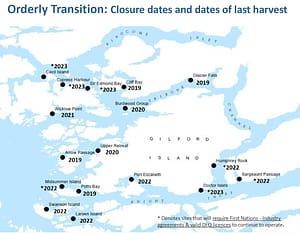 BC Government map BC Salmon Farm removal dates 2019 - 2023
