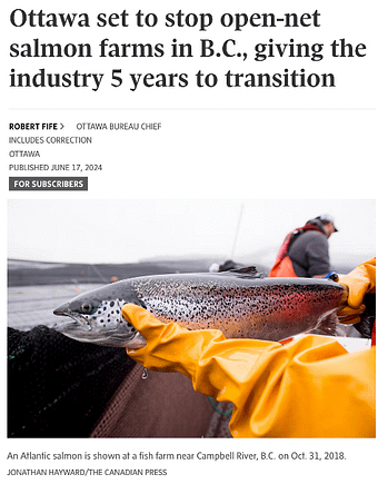 Government of Canada bans open net-pen salmon farms in transition plan for 2029