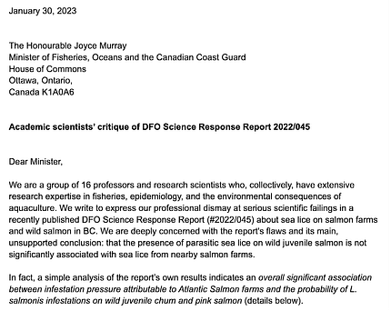 Screenshot of Letter to Minister Murray re Academic scientists' critique of DFO Aquaculture's Science Response Report