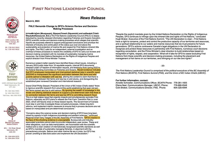 New Release text image, critical of Fisheries and Oceans Science