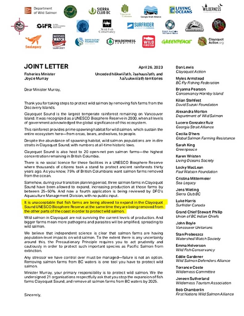 Clayoquot Action Joint Letter to Minister Murray from 21 ENGOs